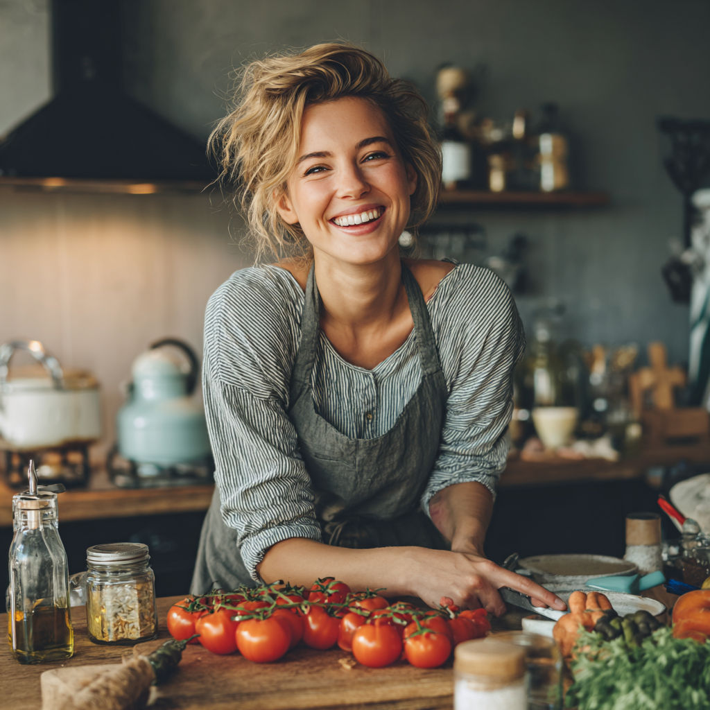 Щаслива жінка європейської зовнішності 30-35 років з сяючою посмішкою тримає тарілку зі свіжими овочами та фруктами