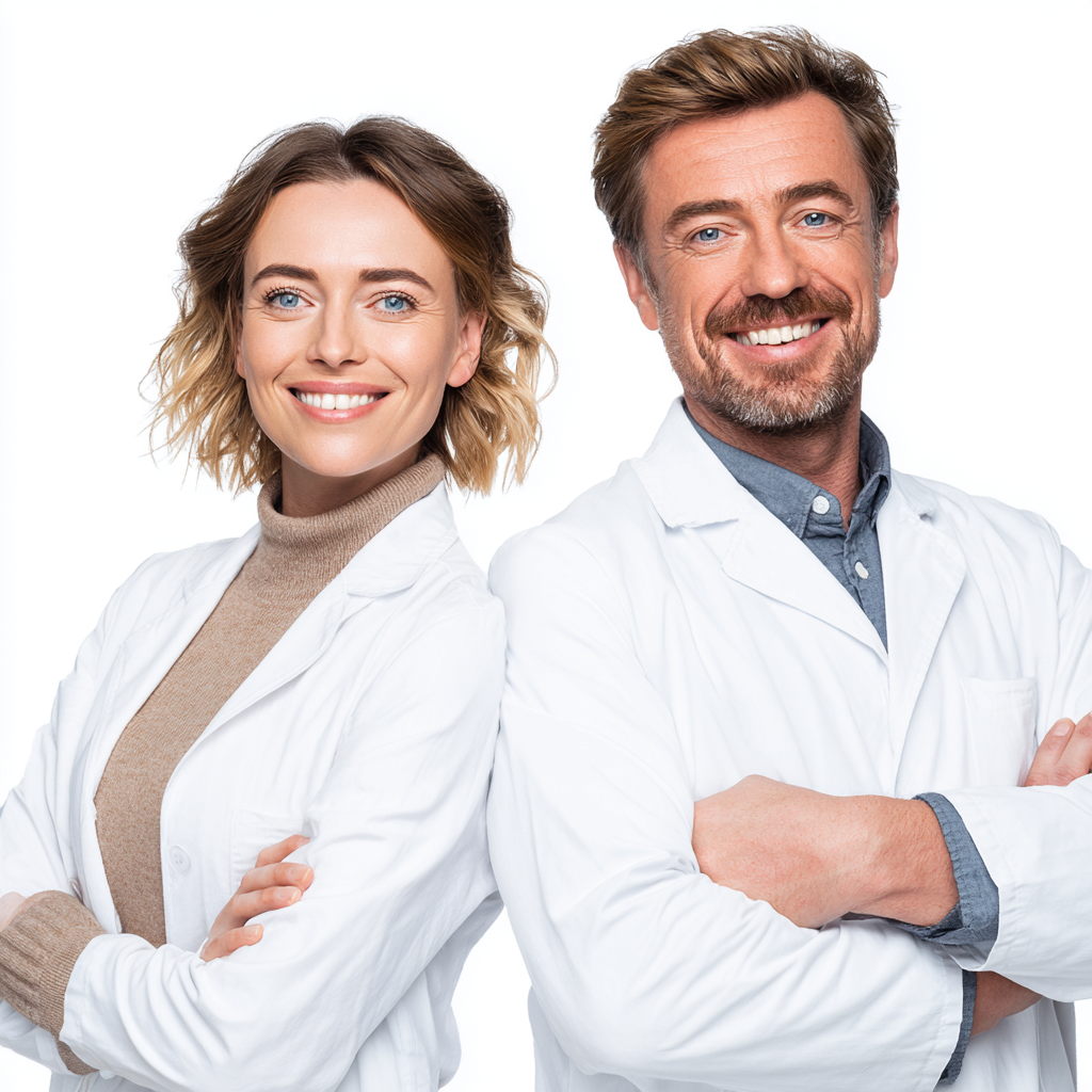 Професійна команда нутрициологів - жінка та чоловік європейської зовнішності 35-40 років в білих халатах з впевненими посмішками